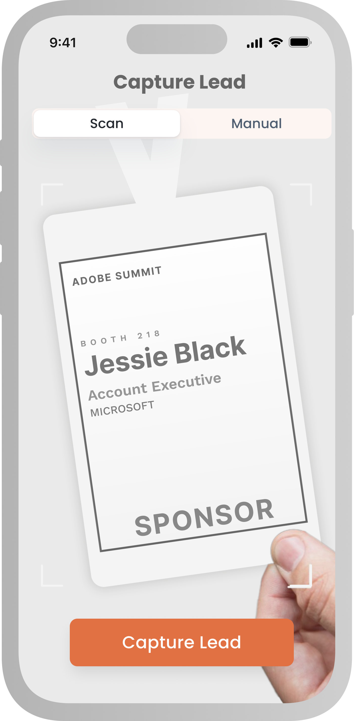 Mobly universal event lead capture app scanning a badge.