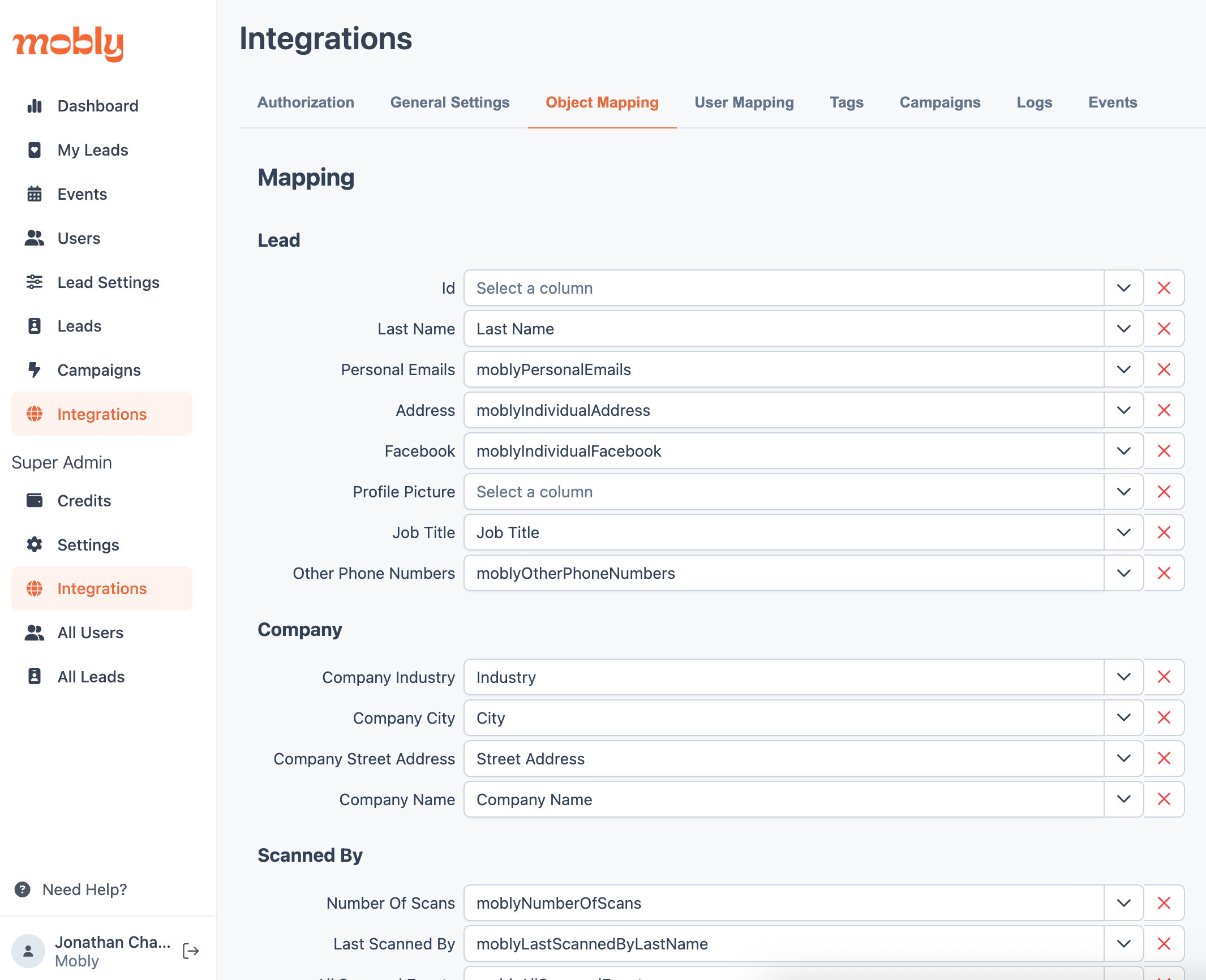 Mobly field mapping to HubSpot objects
